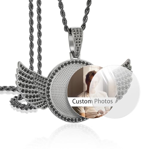 YIMERAIRE Customized Picture Necklace Personalized Circle Chain - color: 02 Black Angel Wing Blank Pendant