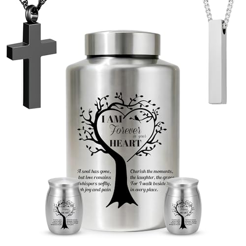 Stainless Steel Cremation Urns for Human Ashes Adult Female & Male- Decorative Funeral Urn for Ashes Men, Women, Dad & Mom Set of 5 Includes 1 Large Urn, 2 Keepsakes & 1 Silver & Black Cross Necklace - color: Stainless Steel Tree - Companion Set