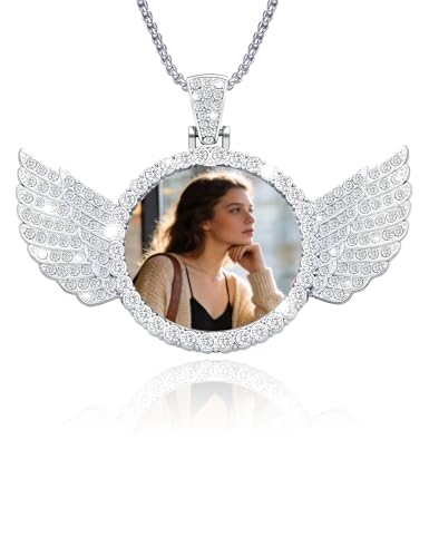 Custom Memorial Necklace with Picture - Personalized Circle Chain Angel Wings, Customized Angel Wing Gifts for Men Family Memory Necklaces - color: silver