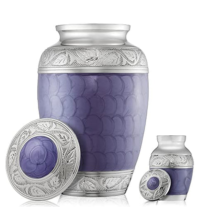 Reminded Set of 5 Etched Cremation Urns for Human Ashes - 1 Brass Adult + 4 Keepsake Token Size, Lavender - color: Lavender