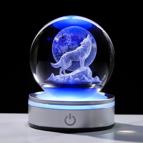 Arikyrist Crystal 3D Wolf Figurine 3.15in Ball Gifts for Men Wolves Lovers | Moon and Wolf Statue, Glass Animal Art Sphere,with LED Light Base, Collectible Keepsakes, Room Home Decor, Paperweight - color: Wolf
