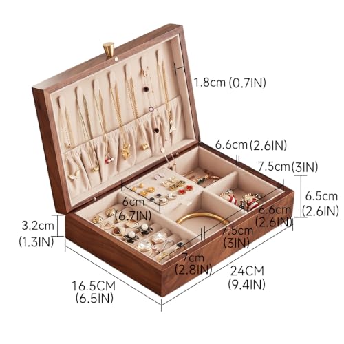 Walnut Wood Jewelry Box with Necklace Hook, Gift for Women | 7 Necklace Hooks, Velvet-Lined, Stores Watches Rings Earrings Necklaces Bracelets, Jewelry Organizer, Gift for Her - style: 1 Layer A