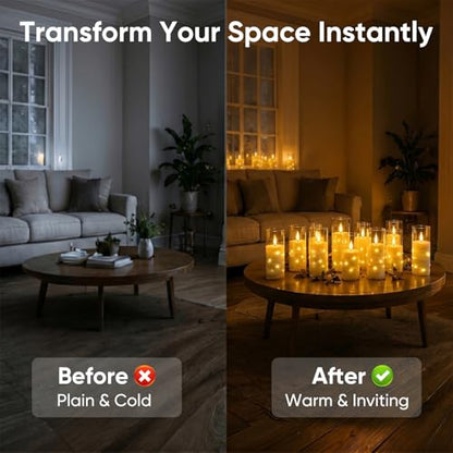 Homemory Flameless Candles with Remote Timer, Clear Acrylic Flickering LED Pillar Candles with Embedded Fairy String Lights, Battery Operated Candles for Wedding Fireplace Lantern Home Decor, Set of 9 | Battery operated flickering LED pillar candles, dual