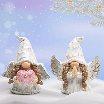 Hodao Angel Gnomes Figurines Set of 2, Handcrafted Wood-Like Resin Guardian Angel Statues with Heart & Prayer, Lucky Home Decor for Shelf, Tiered Tray, Christmas for Mom Grandma Friends