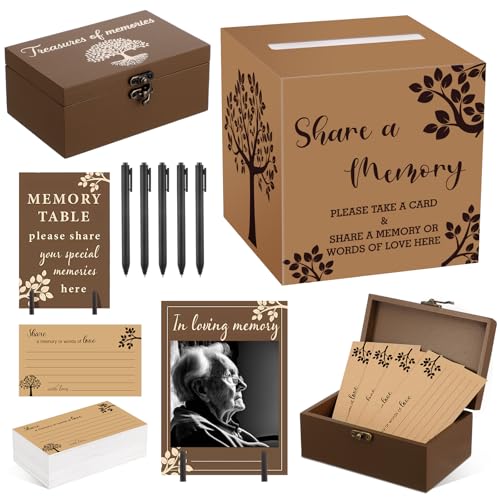 Gilprop 113 Pcs Celebration of Life Share a Memory Cards Set, Tree of Life | Wooden Keepsake Box, 100 Memorial Obituary Card, Collection Box, 2 Stand, 4 Hold, 5 Pen, Funeral Guest Book Keepsake Decor - style: Tree of Life
