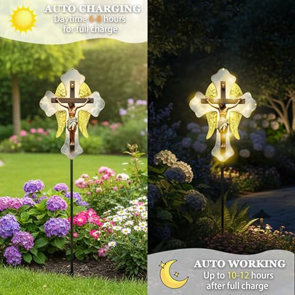 Solar Glass Jesus Cross Outdoor Light Power Stake Tombstone Wings Jesus - color: Jesus