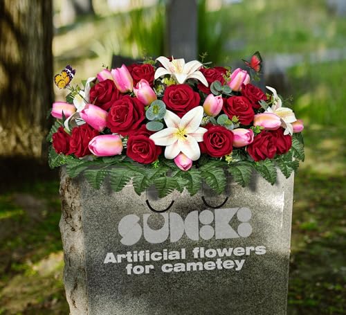 Artificial Cemetery Flowers - Headstone Flower Saddle，Non-Bleed Colors, and Easy Fit - Pink Tulip，White Lily and Red Rose Bouquet