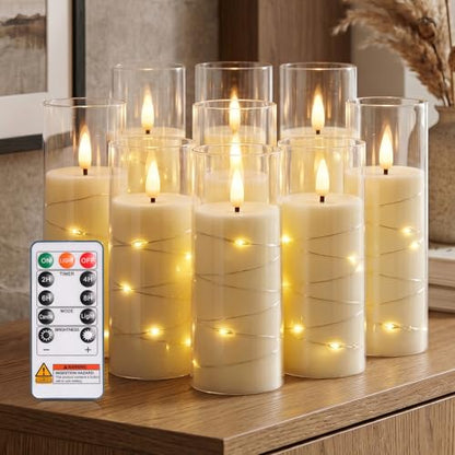 Homemory Flameless Candles with Remote Timer, Clear Acrylic Flickering LED Pillar Candles with Embedded Fairy String Lights, Battery Operated Candles for Wedding Fireplace Lantern Home Decor, Set of 9 | Battery operated flickering LED pillar candles, dual