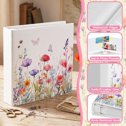 Dunzoom Wildflower Photo Album Mother's Day Souvenirs Gifts 200 Pcs 4 x 6 Inch Leather Floral Botanical Design Memory Book for Women Couples Wedding Anniversary Hardcover Scrapbook Album - style: Wildflowers