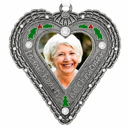 Memorial Christmas Ornament with Photo – in Our Hearts at Christmas Sympathy Ornament with Angel Wings, Holly & Berry Accents – Personalized Remembrance Gift for Loss of Loved One – 3.5" Heart