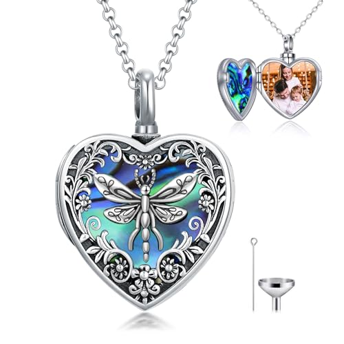 Personalized Heart Urn Locket Necklace for Ashes and Pictures 925 Sterling Silver Customized Locket Cremation Necklace for Ashes Memorial Keepsake Jewelry for Women - color: Abalone Dragonfly Urn Locket, style: No Custom