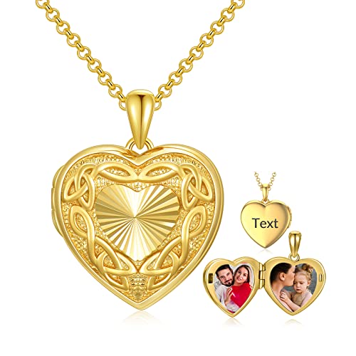 SOULMEET 10K 14K 18K Solid Gold Personalized Sunflower/Starburst/Cross/Rose/Lotus/Butterfly/Turtle/Celtic/Bee Heart Locket Necklace That Holds Picture Gift Choice - style: L-Solid gold celtic heart locket+photo+text