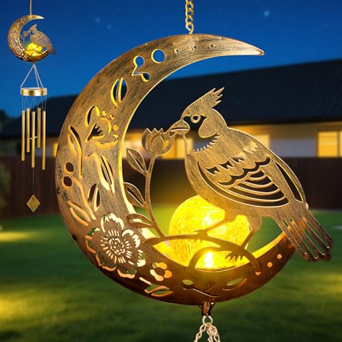 Rosefinch Solar Wind Chime for Outside - Exquisite Vermilion Bird Design, Handmade Aluminum Wind Chimes for Garden/Lawn, Soothing Zen Decor, Gift for Asian-Themed,Housewarming & Meditation Spaces - color: Rosefinch