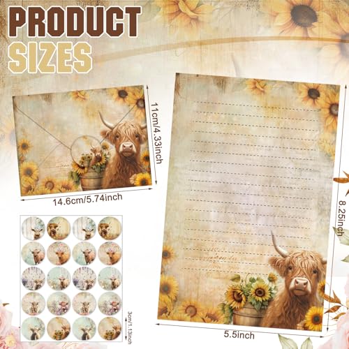 TaoBary 160 Pcs Floral Highland Cow Stationery Paper and Envelopes Set | 5.5 x 8.25'' Letter Writing Kit, 50 Double Sided Stationery Writing Papers 50 Matching Envelopes 60 Round Dot Sticker - size: 5.5 x 8.25 Inch, style: Floral Highland Cow