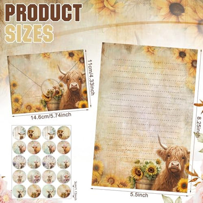 TaoBary 160 Pcs Floral Highland Cow Stationery Paper and Envelopes Set | 5.5 x 8.25'' Letter Writing Kit, 50 Double Sided Stationery Writing Papers 50 Matching Envelopes 60 Round Dot Sticker - size: 5.5 x 8.25 Inch, style: Floral Highland Cow