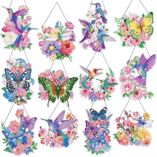 Cinnvoice Seasonal Diamond Art Hanging Kit,12 Pcs,Fluttering Garden | Hummingbird Butterfly,Holiday Diamond Art Wreath, Month Diamond Hanging Ornaments,Suncatcher, for Door Window Wall - style: Fluttering Garden
