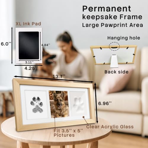Paw Print Kit Keepsake for Dogs Cats,Clay Ink Pawprints Frame-Wood | 2 Large Clean Touch Ink Pads,Non-Toxic Reusable Soft Clay,Detailed Instructions,Dog Nose Print,Pet Lover Gifts - color: Wood