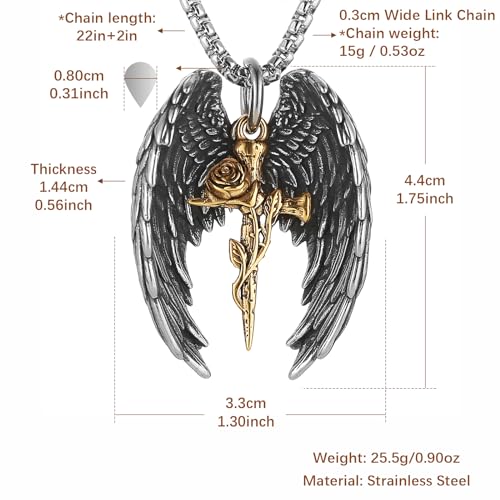 HZMAN Angel Wing Necklace for Men Women Stainless Steel Gothic Punk Angel Wing Cross/Angel Pendant Faith Amulet Jewelry Gift - color: Rose Cross