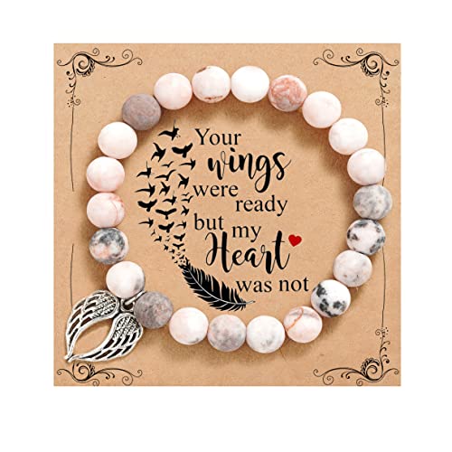 QWNHONEY Memorial Gifts for Loss of Loved Sympathy Remembrance In Memory of Mother Father Pet Bereavement Grief Pink Red Beads Bracelet with Angle Wings Jewelry Gifts for Women - style: Pink-Wings-Your wings were ready