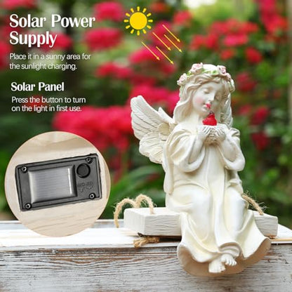 Angel Garden Statue,Fairy Solar Garden Decor with Warm Light | Waterproof Angel Statue with Swing & Holding Bird,Outdoor Garden Decor for Lawn Yard Patio Windowsill Garden Gifts, Apricot - style: Swing Bird Angel