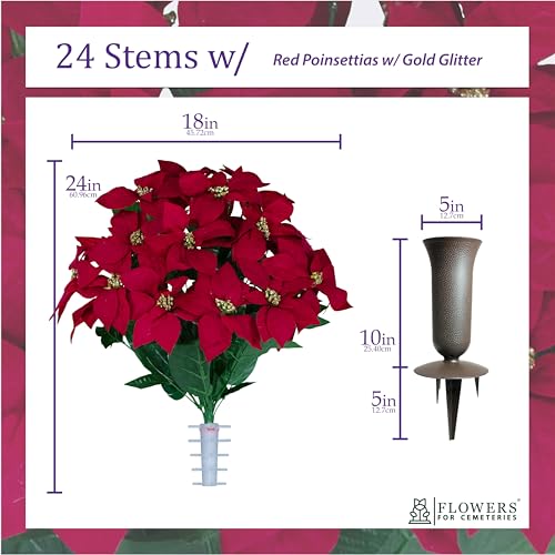 Sympathy Silks - Artificial Flowers for Cemeteries - Red Poinsettias with Gold Glitter - (1) Bouquet (1) Vase - color: Red W Gold Glitter, size: (1) Bouquet (1) Vase