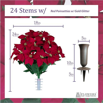 Sympathy Silks - Artificial Flowers for Cemeteries - Red Poinsettias with Gold Glitter - (1) Bouquet (1) Vase - color: Red W Gold Glitter, size: (1) Bouquet (1) Vase