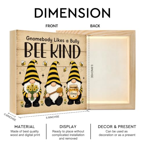 Gnomebody Likes A Bully Bee Kind Wooden Box Sign Farmhouse Gifts | 6x6 Inch Funny Bee Gnome Office Table Wood Plaque Desk Decor, Rustic Accent Home Kitchen Classroom Bedroom, Bees Lover Gifts - color: Yellow-Black