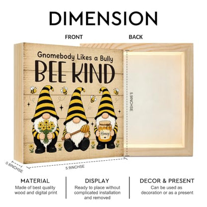 Gnomebody Likes A Bully Bee Kind Wooden Box Sign Farmhouse Gifts | 6x6 Inch Funny Bee Gnome Office Table Wood Plaque Desk Decor, Rustic Accent Home Kitchen Classroom Bedroom, Bees Lover Gifts - color: Yellow-Black