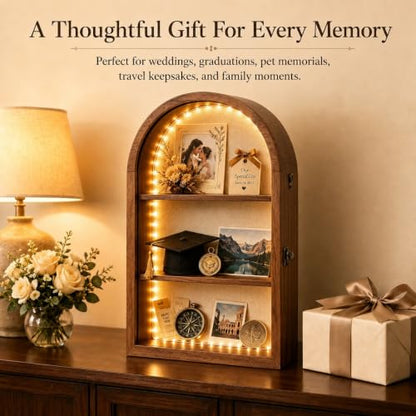 Lighted Shadow Box Frame 10x16, 4-Inch Deep with Removable Shelves | Built-In LED Light Clear Acrylic Door Warm Walnut Finish Memory Box for Medals, Wedding Bouquet, Keepsakes & Pet - color: Walnut With Light