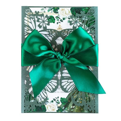 20 PCS Butterfly Quinceanera Invitation, Laser Cut Invitation Cards | 5.12x7.2" Emerald Green Butterfly Quinceanera Invitation with Envelopes for XV Anos Bridal Shower Baby Shower Invite - color: Emerald Green