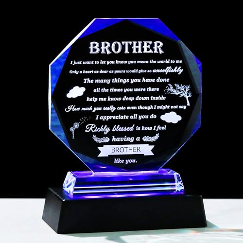 Gifts for Brother with Colorful Base Brother Gifts from Sister Crystal Brother Plaque Keepsakes for Adult, Birthday, Fathers Day, Christmas, Valentine Day - style: 12BJ Brother+ Light Base