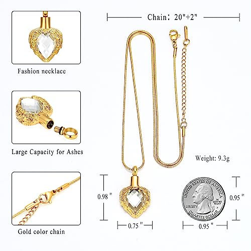 memorial jewelry Gold Angel Wings Glass Heart Urn Pet/Human Cremation Pendant Necklace Jewelry for Ashes - color: White