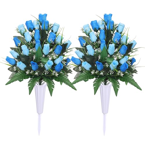 Lodou Artificial Cemetery Flowers,Outdoor Grave Decorations Roses,Arrangements Bouquet with Cemetery Vase, Silk Flowers for Long-Lasting Remembrance (Blue) - color: Blue