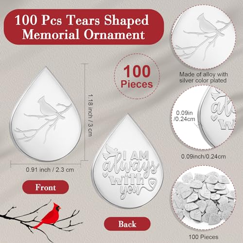 Ctosree 100 Set Funeral Gifts Celebration of Life Decorations Idea Mini Tear Shaped Memorial Ornament Pocket Token Cardinal Funeral Prayer Cards and Organza Bags Favors for Guests