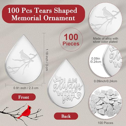 Ctosree 100 Set Funeral Gifts Celebration of Life Decorations Idea Mini Tear Shaped Memorial Ornament Pocket Token Cardinal Funeral Prayer Cards and Organza Bags Favors for Guests