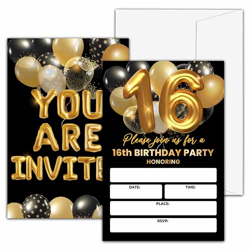 16th Birthday Invitations, Black and Gold Birthday Party Invitations, Gold Balloon Birthday Party Fill In Invitation Cards, Birthday Party Favor Supplies (20 Invites With 20 Envelopes) -16th - style: 16th