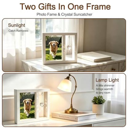 Pet Memorial Gifts for Dogs-4x6 Wooden Photo Frame with Crystal Heart Suncatcher, Loss of Dog Sympathy Gift, Pet Memorial Picture Frame Keepsake for Dogs That Passed