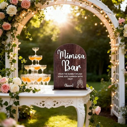 Rustic Wood Mimosa Bar Sign Table Top for Wedding Welcome Table | Modern Calligraphy, Rustic Wooden, Table Top, Wedding Reception and Event Party - color: Brown-Mimosa Bar