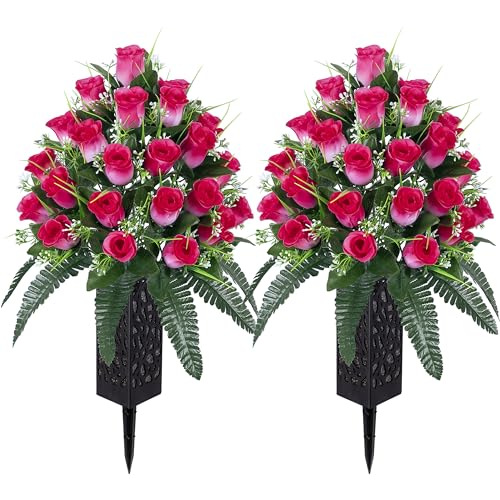 LVXINLI 2 Sets Artificial Cemetery Flowers,Outdoor Grave Decorations Roses,Beautiful Arrangements Bouquet with Cemetery Vase,Lasting and Non-Bleed Colors (Pink) - color: Pink