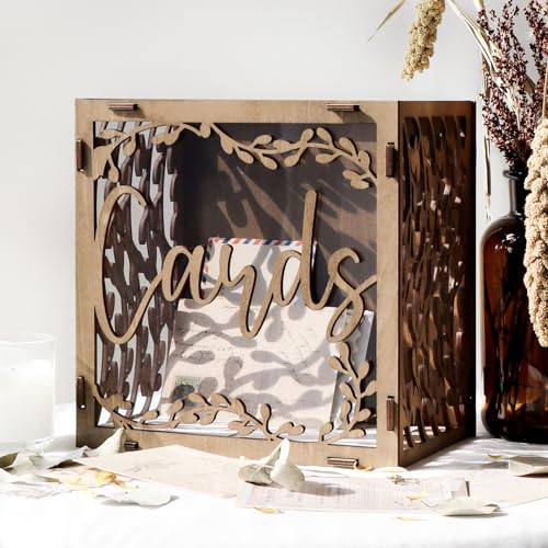 OurWarm Wedding Card Boxes for Reception with Window, Rustic Wedding Decor | Brown Wooden Card Box, Willow Leaf Cutout Design, Acrylic Window, Large Capacity Wooden Wedding Card Box, Tool-Free Assembly - color: Brown