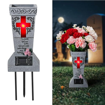 Lewondr Solar Cemetery Vases for Grave, Cross Grave Vases with Spikes | Waterproof Memorial Flower Holder with Solar LED Cross Light,Sympathy Gifts for Loss of Loved One, Gray - color: Gray