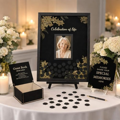 Geelin 56 Pcs Funeral Guest Book Alternatives Set for Memorial Service Elegant Celebration of Life in Loving Memory with 80 Pcs Box Heart Wooden Sign and Pens Funeral Supplies(Black) - color: Black