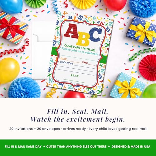 ABC Alphabet Letters and Learning Birthday Party Invitations, 20 5x7 Fill In Cards with Twenty White Envelopes by AmandaCreation - style: ABC Alphabet Letters