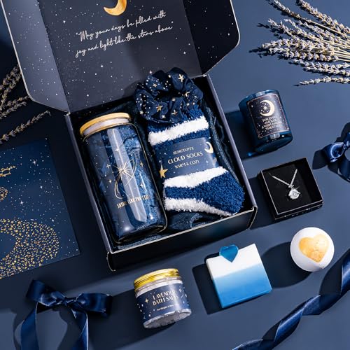 Suhctuptx Birthday Gifts for Women, Mothers Day Gifts for Mom, Starry Sky Spa Gift Basket with Universe Necklace, Self Care Gift Set for Her, Teacher Appreciation Gifts, Wife Sister Friend Boss Lady - color: Starry Blue