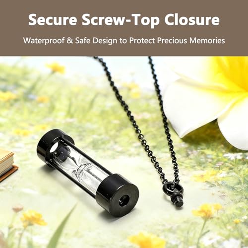 Hourglass Necklace and Urn Pendant Jewelry for Ashes Cremation Necklace for Men and Women Cat or Human Urns Vial Kit Black Memorial Necklaces for Ashes