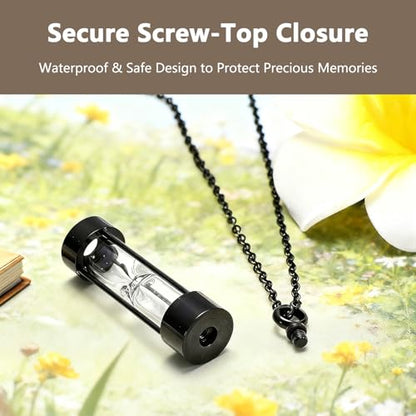 Hourglass Necklace and Urn Pendant Jewelry for Ashes Cremation Necklace for Men and Women Cat or Human Urns Vial Kit Black Memorial Necklaces for Ashes