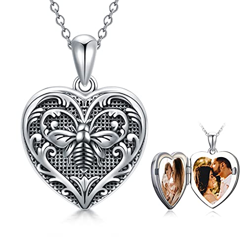 SOULMEET Personalized Silver Locket Necklace That Holds Pictures Photo Keep Someone Near to You, Memorial Custom Lockets Necklaces Letters Engraving for His Her - color: E-Bee-Black, style: Locket+Custom Photo
