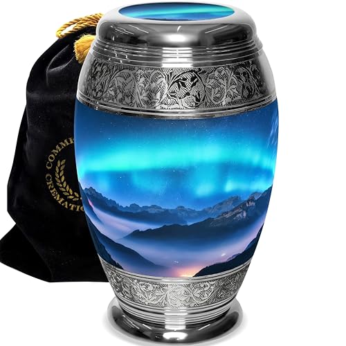 Aurora Borealis Cremation Urns for Human Ashes Adult Male Urns for Ashes | Extra Large Northern Lights Cremation Urn for Ashes Adult Male & Female, Metal, Threaded Lid, Felt Bottom - color: Aurora Borealis, size: Extra Large