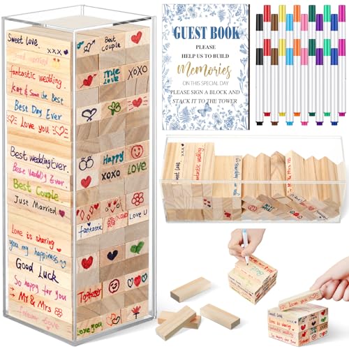 Beeveer 80 Pcs Wedding Guest Book Alternative Wooden Block Guest Book for Wedding Sign in Bridal Shower Decoration 54 Pcs Wooden Block Bridal Shower Game for Sign in, Reception(Chinoiserie) - style: Chinoiserie