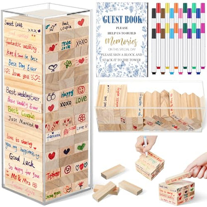 Beeveer 80 Pcs Wedding Guest Book Alternative Wooden Block Guest Book for Wedding Sign in Bridal Shower Decoration 54 Pcs Wooden Block Bridal Shower Game for Sign in, Reception(Chinoiserie) - style: Chinoiserie